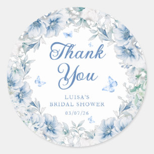 Blue Floral Butterfly Bridal Shower Thank You Classic Round Sticker