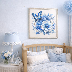 Blue Floral Butterfly Cottage  Poster