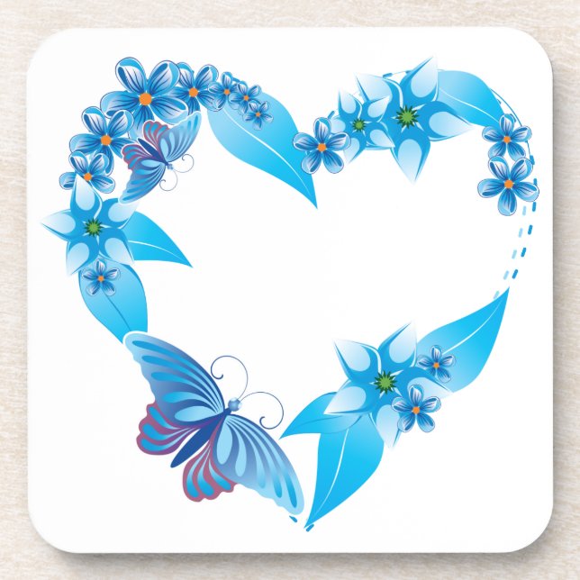 Blue Floral Butterfly Heart Coaster (Front)