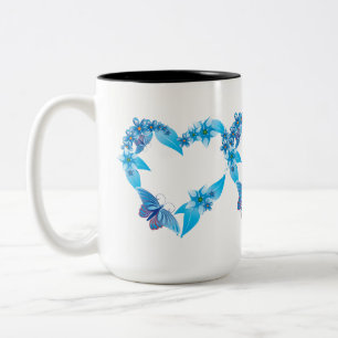Blue Floral Butterfly Heart Two-Tone Coffee Mug