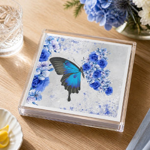 Blue Floral Butterfly Paper Napkins