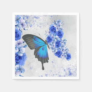 Blue Floral Butterfly Paper Napkins