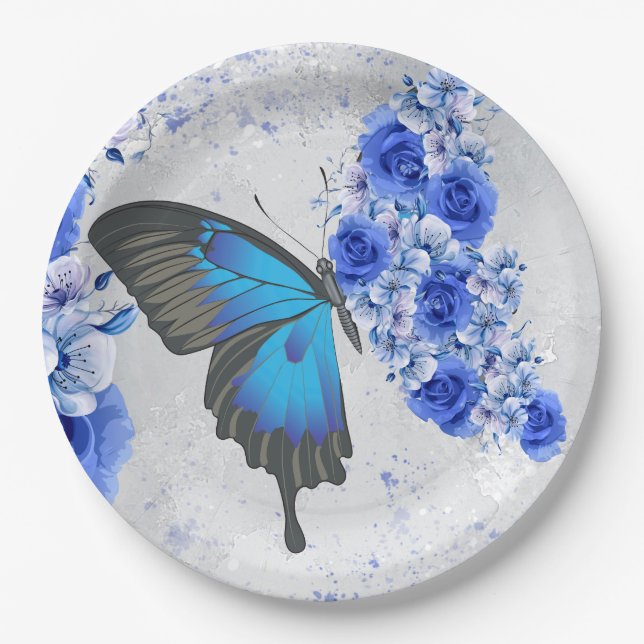Blue Floral Butterfly Round Paper Plates (Front)