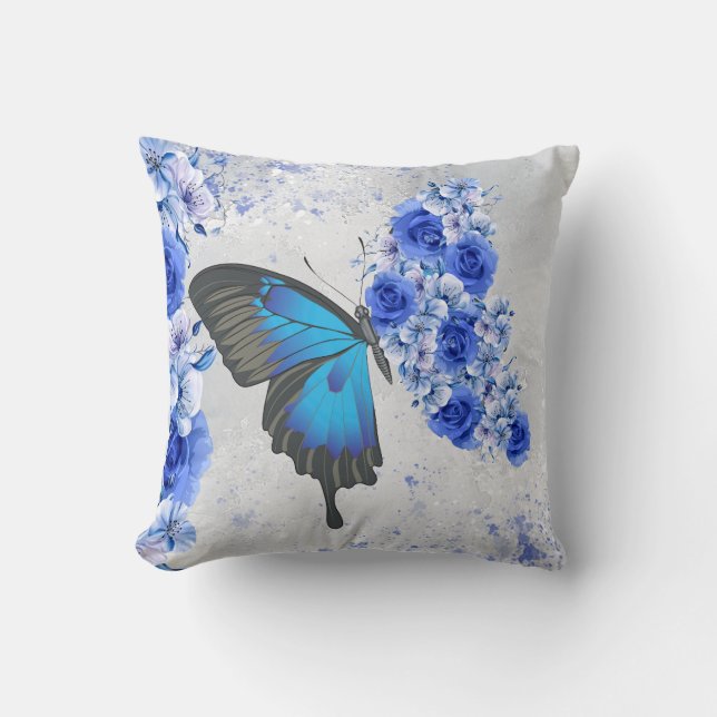 Blue Floral Butterfly Square Pillow (Front)