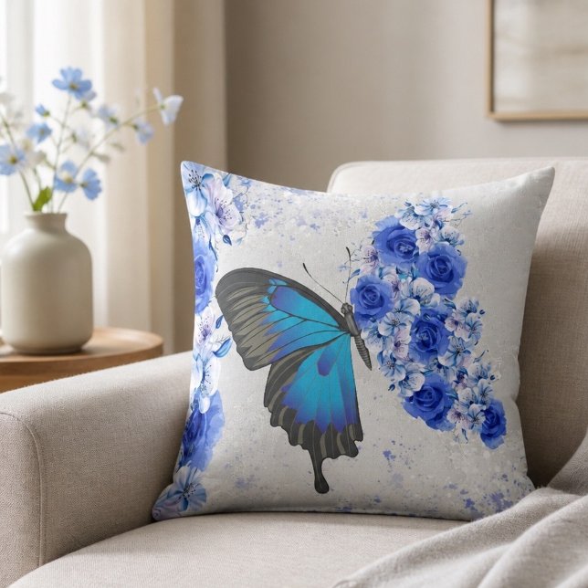 Blue Floral Butterfly Square Pillow (Creator Uploaded)