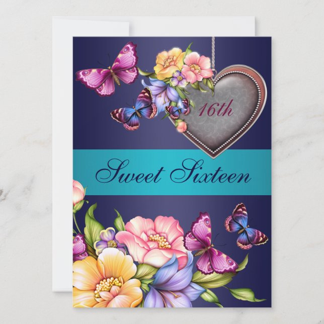 Blue Floral Butterfly Sweet16 Birthday Invite (Front)