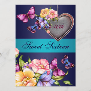 Blue Floral Butterfly Sweet16 Birthday Invite