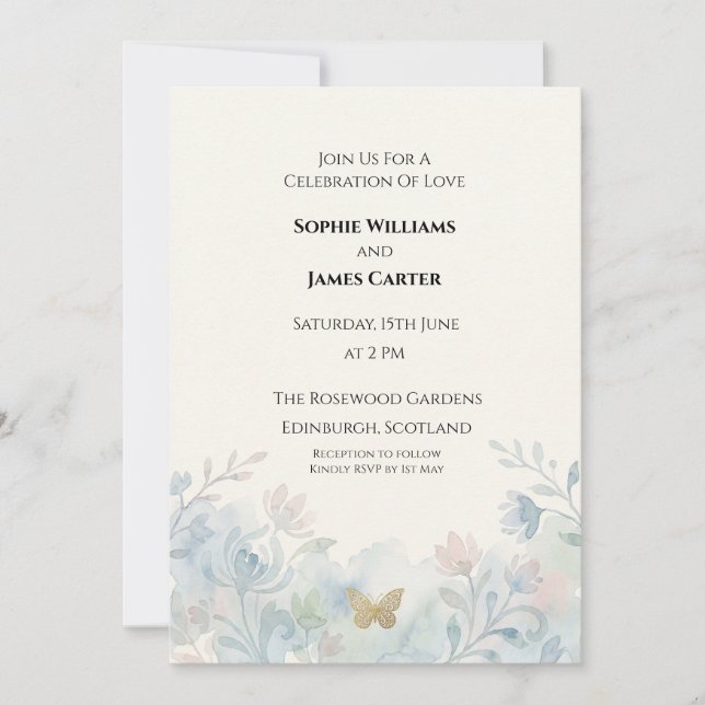 Blue Floral Butterfly Wedding Invitation (Front)