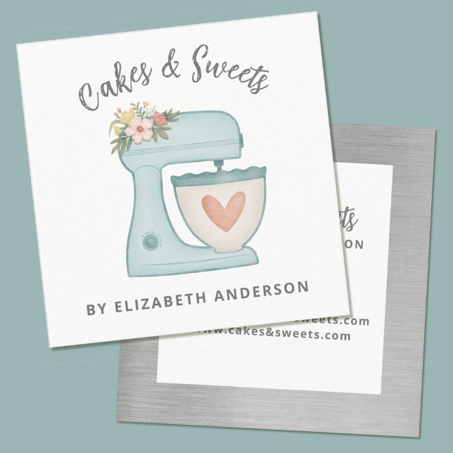 Blue Floral Cake Mixer Bakery Business Card (A pretty square shaped business card with a cute blue mixer. Great for a bakery business.)