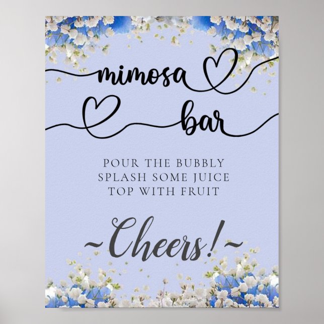 Blue Floral Calligraphy Mimosa Bar Sign (Front)