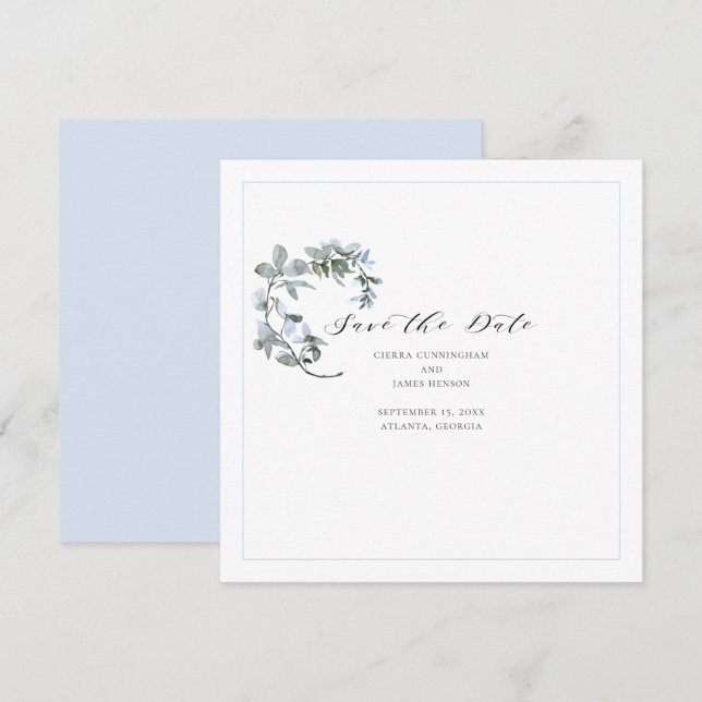 Blue Floral Calligraphy Wedding Save the Date Card (Front/Back)
