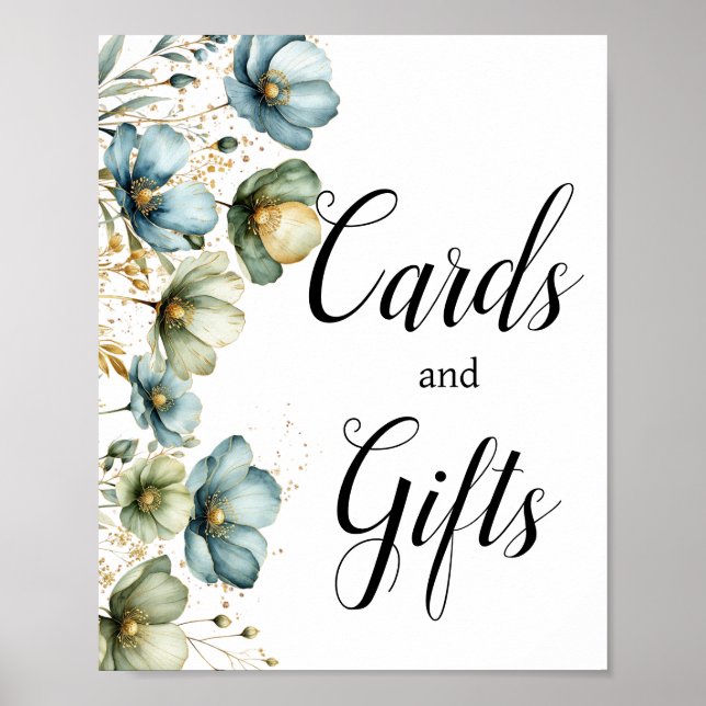 Blue Floral Cards and Gifts Sign for Baby Shower (Front)