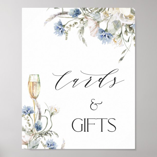 Blue Floral Cards Gifts Bridal Shower Sign (Front)