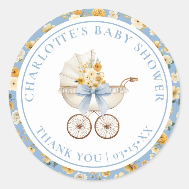 Blue Floral Carriage Baby Shower Thank You Sticker (Front)