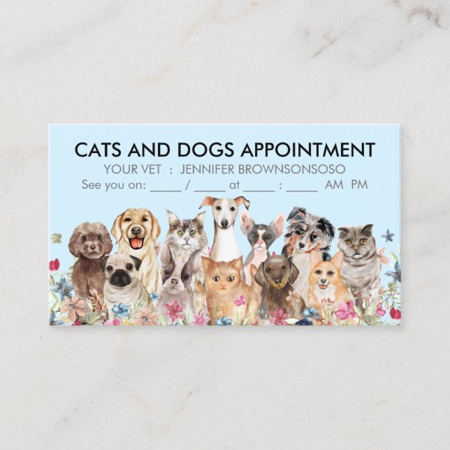 Blue Floral Cats and Dogs Illustrated Business Card (Front)