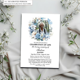 Blue Floral Celebration Of Life 1 Photo Funeral Invitation