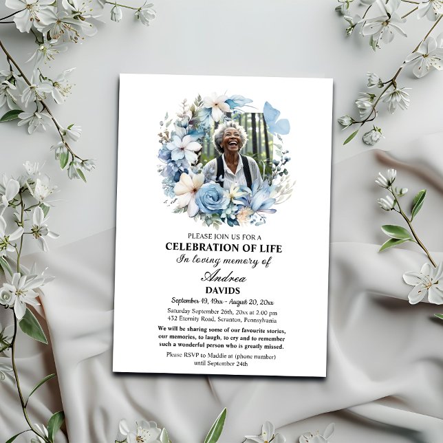 Blue Floral Celebration Of Life 1 Photo Funeral  Invitation (Creator Uploaded)