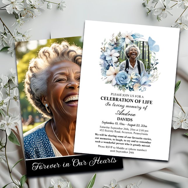 Blue Floral Celebration Of Life 2 Photos Funeral  Invitation (Creator Uploaded)