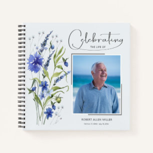 Blue Floral Celebration of Life Funeral Guest Book