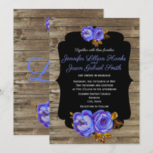 Blue floral, chalkboard rustic brown wood wedding invitation