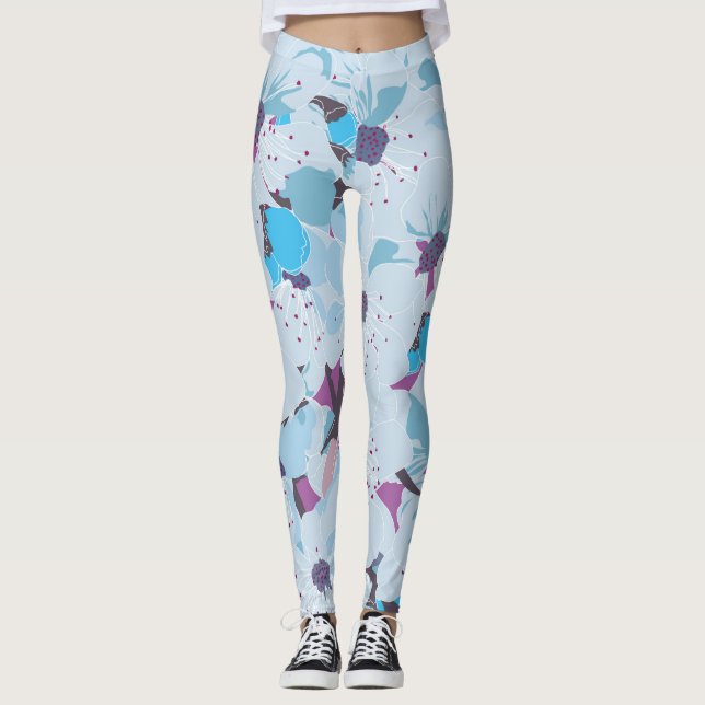 blue floral cherry blossom sakura leggings (Front)