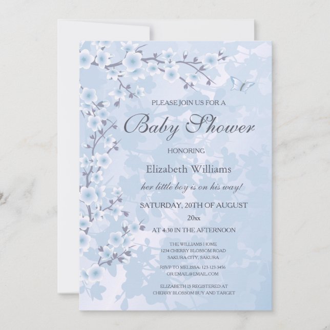 Blue Floral Cherry Blossoms Baby Shower  Invitation (Front)
