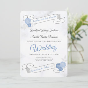 Blue Floral  Chic Simple White  Marble  Wedding In Invitation
