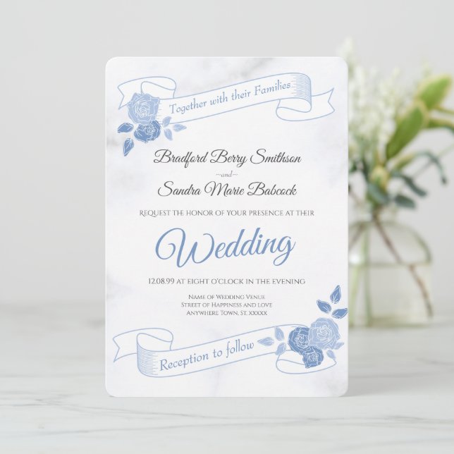 Blue Floral  Chic Simple White  Marble  Wedding In Invitation (Standing Front)