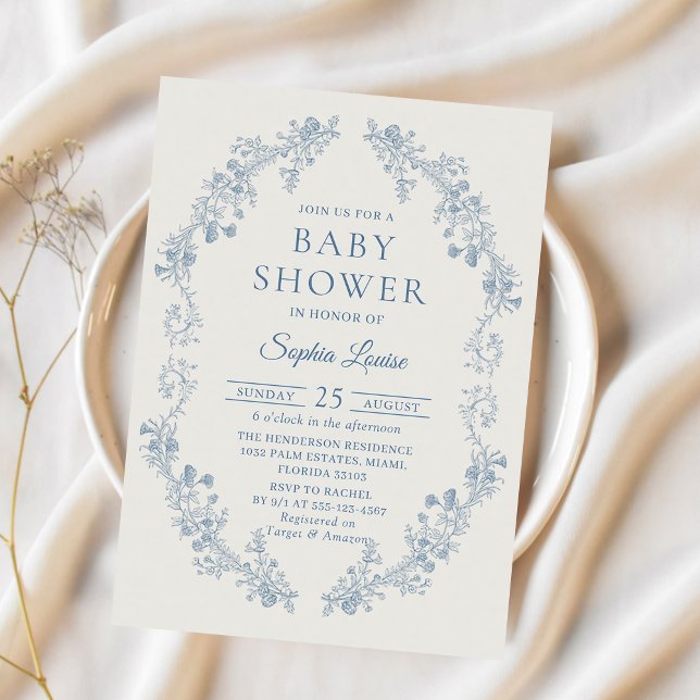 Blue Floral Chinoiserie Baby Shower Invitation (Creator Uploaded)