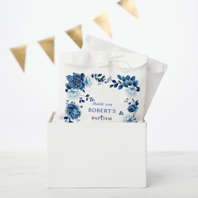 Blue floral Chinoiserie boy Baptism Thank you Favour Bags (Party)
