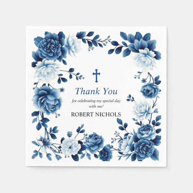 Blue floral Chinoiserie boy Baptism Thank you Napkin (Front)