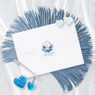Blue floral Chinoiserie crest and initials wedding Classic Round Sticker