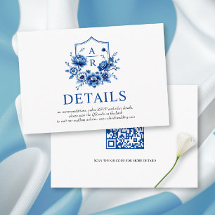 Blue floral Chinoiserie flower wedding details QR  Enclosure Card
