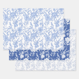 Blue Floral Chinoiserie French Toile de Jour Wrapping Paper Sheet