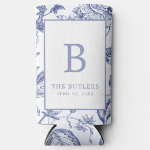 Blue Floral Chinoiserie Initial Wedding Can Cooler