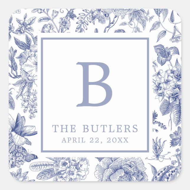 Blue Floral Chinoiserie Initial Wedding Sticker (Front)