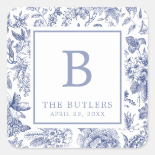 Blue Floral Chinoiserie Initial Wedding Sticker