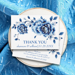 Blue floral Chinoiserie peonies wedding Thank You