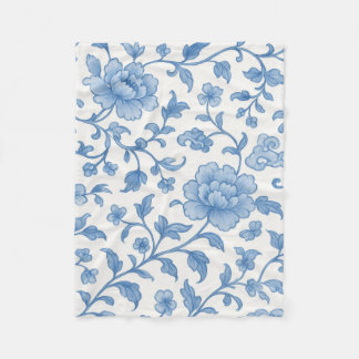 Blue Floral Chinoiserie Peony Pattern Fleece Blank Blanket