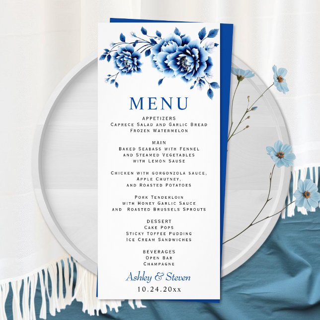 Blue floral Chinoiserie peony wedding menu card (Creator Uploaded)