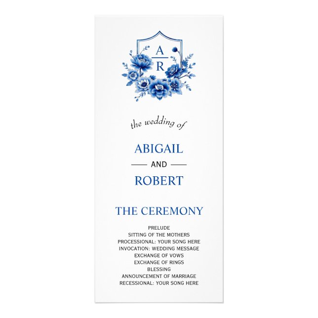 Blue floral Chinoiserie peony wedding program Rack Card (Front)