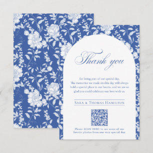 Blue Floral Chinoiserie QR-code to Wedding Photos Thank You Card