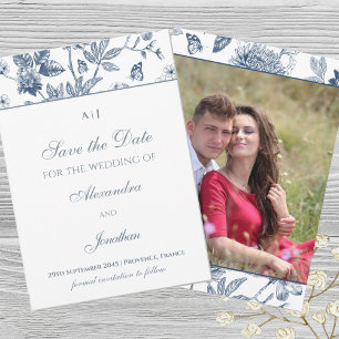 Blue Floral Chinoiserie Save the Date Photo Invitation