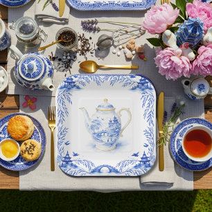 Blue Floral Chinoiserie Teapot WIllow pagoda Paper Plate