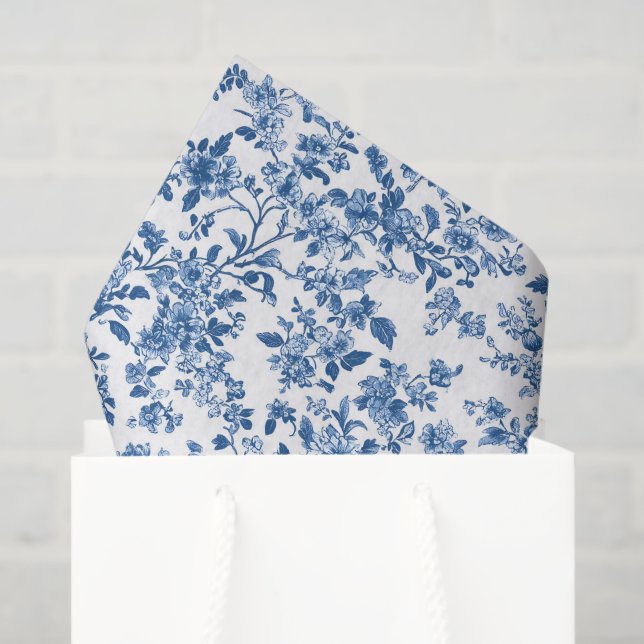 Blue Floral Chinoiserie Toile Gingham Tissue Paper (Gift Bag)