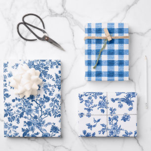 Blue Floral Chinoiserie Toile Gingham Wrapping Paper Sheet