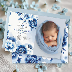 Blue floral Chinoiserie, watercolor Baptism photo Invitation