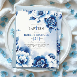 Blue floral Chinoiserie, watercolor wash Baptism Invitation