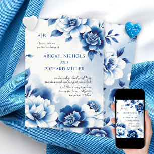 Blue floral Chinoiserie, watercolor wash wedding Invitation