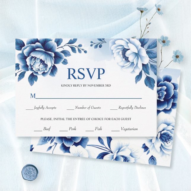 Blue floral Chinoiserie, watercolor wash wedding RSVP Card (Creator Uploaded)